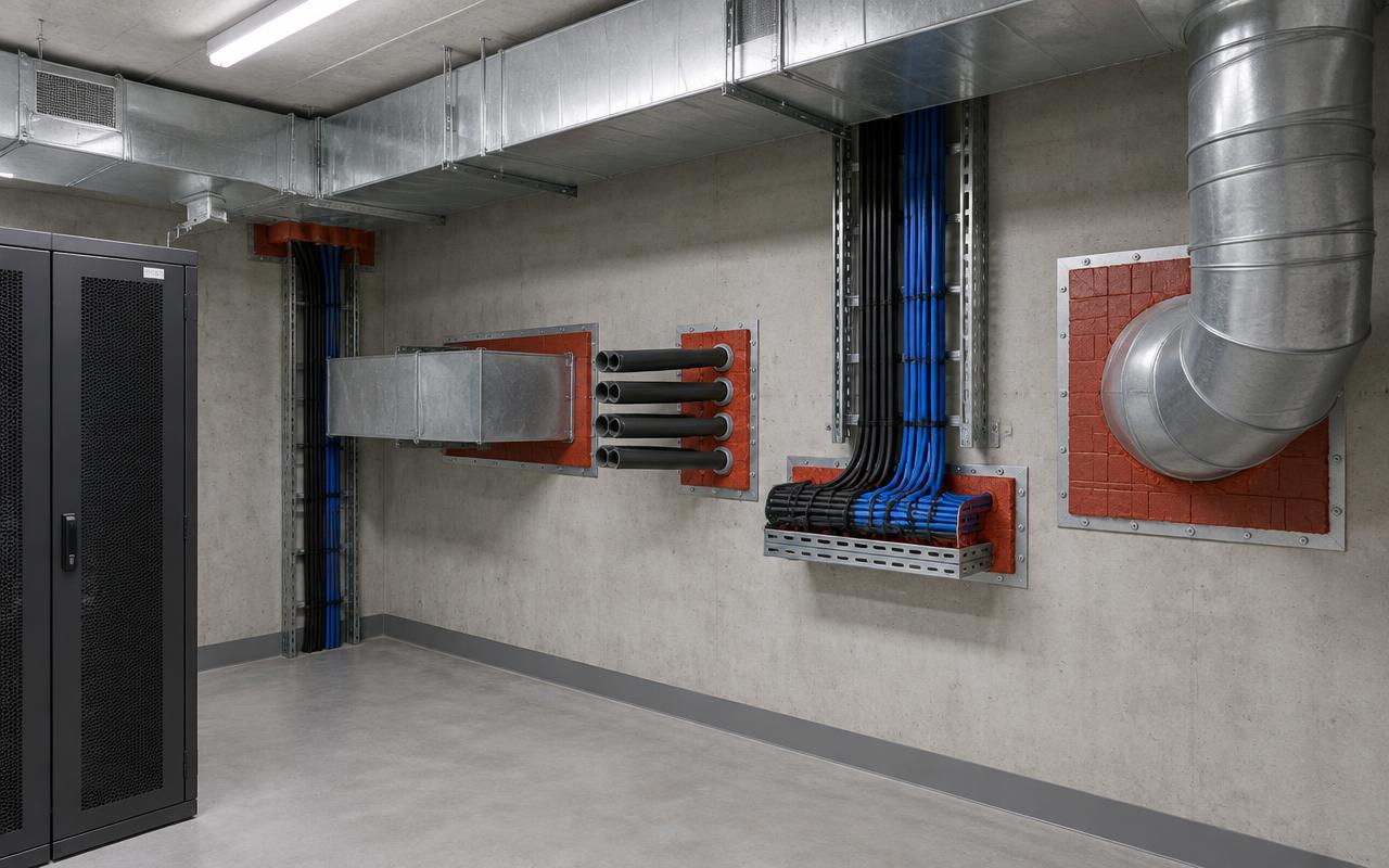 Teknikrum med brandlukninger omkring rør og ventilationskanaler