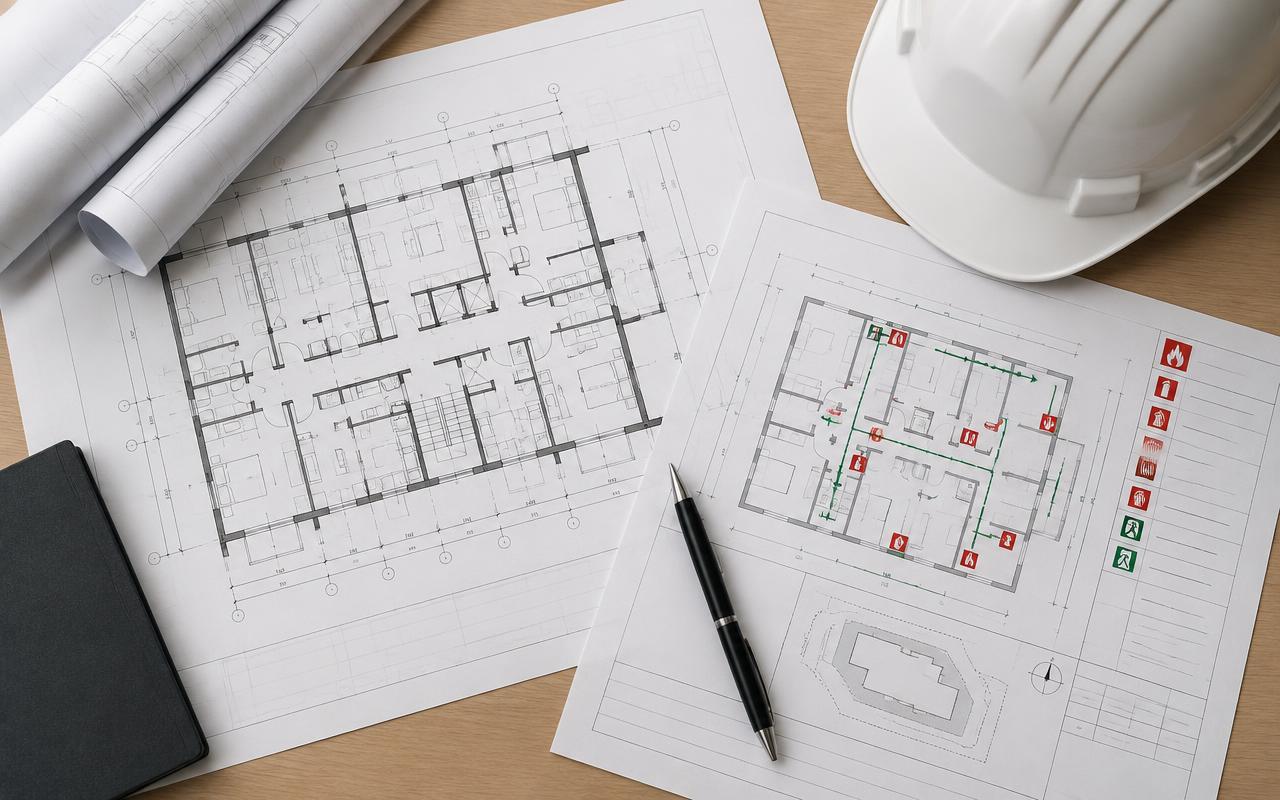 Arkitekttegninger og brandplaner med pen og hjelm på et bord